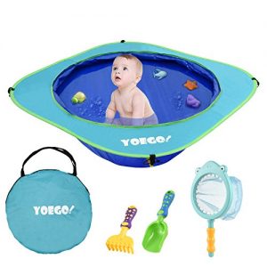 Yoego portable baby beach swimming pool  with baby sand toys including fish net and toy fishes  sand shovel and rake  for babies and toddlers on the beach and indoors
