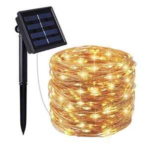Moreplus Solar String Lights 100 LED 33ft 8 Modes Copper Wire Lights Indoor/Outdoor Waterproof Decorative String Lights for Garden  Patio  Home  Yard Party  Wedding  Christmas (Warm White)
