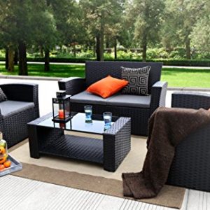 Baner Garden (N87 4 Pieces Outdoor Furniture Complete Patio Cushion Wicker P E Rattan Garden Set  Full  Black