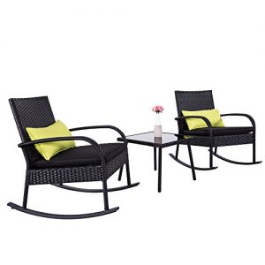 Cloud Mountain Outdoor 3 Piece Rocking Chair Set Wicker Rattan Bistro Set Wicker Furniture - Two Chairs with Glass Coffee Table  Black Cushion with Black Rattan