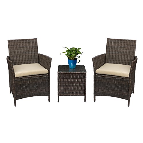 Devoko Patio Porch Furniture Set 3 Piece PE Rattan Wicker Chairs Beige Cushion With Table Outdoor Garden Furniture Sets (Rattan Brown) 1 Devoko Patio Porch Furniture Set 3 Piece PE Rattan Wicker Chairs Beige Cushion With Table Outdoor Garden Furniture Sets (Rattan Brown)