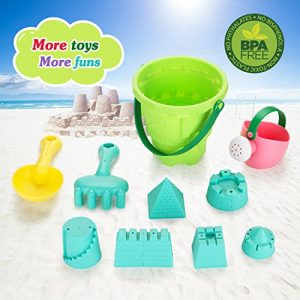 FITNATE Beach Toys Set Soft Plastic Pool Toy s Bath Toys for Kids  Boys  Girls  Toddler  10PCS with Mesh Bag   Bucket  Shovels  Rakes  Lots of Sand Molds (BPA Free)