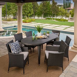 Great Deal Furniture Vineland Outdoor Dining Set   7 Piece   Grey Wicker   Oval Table   Perfect Patio Set for Backyard Deck or Poolside
