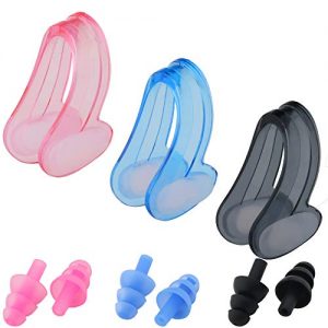 IPOW 3 Pairs Soft Silicone Swim Nose Clip+Ear Plugs Set Swimming Comfortable Adults & Kids 3 Colors Pink Blue Black