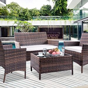 Leisure Zone 4 PCS Patio Furniture Set Outdoor Garden Conversation Wicker Sofa (Beige Cushion)