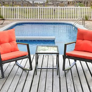 Leisure Zone Outdoor Patio 3 PCS Wicker Rocking Bistro Set Porch Deck Rockers with Coffee Table (Orange Cushion)