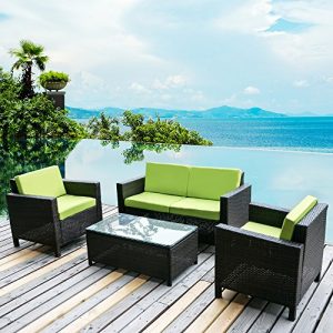 Merax  4 PC Outdoor Rattan Patio Furniture Set PE Rattan Wicker Sofa Set Garden Lawn Sofa Cushions (Green)