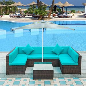 Merax  Patio Furniture Set PE Rattan Sectional Garden Furniture Corner Sofa Set (7 Pieces  Blue)