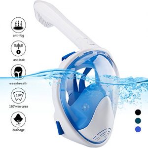 Naedw Full Face Snorkel Mask 180° Panoramic View Diving Scuba Mask Easy breath with Anti Fog and Anti Leak with Adjustable Head Straps Design for Adults Youth kids (White/Blue  Large)
