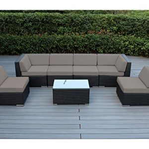 Ohana 7-Piece Outdoor Patio Furniture Sectional Conversation Set  Black Wicker with Sunbrella Taupe Cushions - No Assembly with Free Patio Cover