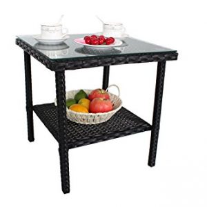 Outdoor Wicker Rattan Side Table Patio Furniture Garden Deck Pool Glass Top Tea Table-Black