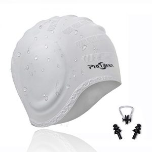 PHELRENA Swimming Cap Waterproof Premium Silicone Solid Long Hair Earmuffs Swim Cap Flexible Reversible for Adults Kids Women Men  Keeps Hair Clean Ear Dry  Free with Nose Clip and Ear Plugs