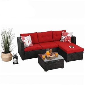 PHI VILLA 3-Piece Outdoor Rattan Sectional Sofa- Patio Wicker Furniture Set  Red