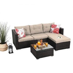 PHI VILLA 3-Piece Outdoor Rattan Sectional Sofa- Patio Wicker Furniture Set  Beige