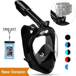 Poppin Kicks Full Face Snorkel Mask for Adult Youth and Kids | 180° Panoramic View Anti fog Anti leak Easy Breathe No Mouthpiece Design | GoPro Compatible w/Detachable Camera Mount Black L/XL