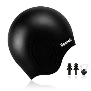 Rocools Waterproof Silicone Swimming Cap For Long Hair Keeps Hair with 3D Ergonomic Design Ear Pockets for Adult Woman and Men with Nose Clip   Ear Plugs (Black)