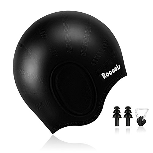 Rocools Waterproof Silicone Swimming Cap For Long Hair Keeps Hair with 3D Ergonomic Design Ear Pockets for Adult Woman and Men with Nose Clip Ear Plugs (Black) 1 Rocools Waterproof Silicone Swimming Cap For Long Hair Keeps Hair with 3D Ergonomic Design Ear Pockets for Adult Woman and Men with Nose Clip Ear Plugs (Black)