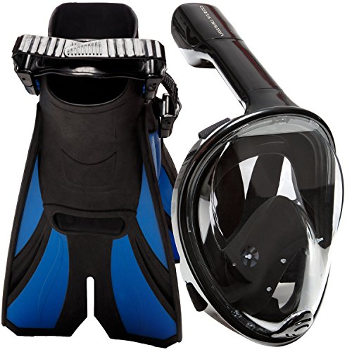 SNORKEL SET with SNORKEL MASK - SWIM FINS included - OCEAN VIEW SNORKEL MASK FULL FACE with adjustable FLIPPERS - 180° view full face snorkel mask open heel snorkel fins(Black Large Extralarge) 1 SNORKEL SET with SNORKEL MASK - SWIM FINS included - OCEAN VIEW SNORKEL MASK FULL FACE with adjustable FLIPPERS - 180° view full face snorkel mask open heel snorkel fins(Black Large Extralarge)