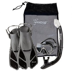 Seavenger Diving Dry Top Snorkel Set with Trek Fin  Single Lens Mask and Gear Bag  L/XL   Size 9 to 13  Gray/Black Silicon