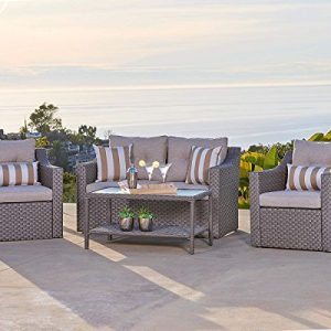 Solaura Outdoor Fully Woven 4-Piece Conversation Furniture Set All Weather Grey Wicker Neutral Beige Cushions   Sophisticated Glass Coffee Table