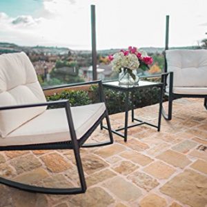 Suncrown Outdoor 3-Piece Rocking Wicker Bistro Set  Black Wicker Furniture - Two Chairs with Glass Coffee Table (Beige-White Cushion)