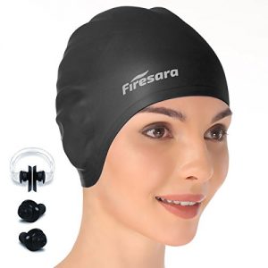 Swim Cap  Firesara Original Undated Swimming Cap 3D Ergonomic Design Comfortable Durable Ear Protection for Women Kids Adults Men Boys Girls for Long or short Hair with Nose Clip and Ear Plugs (Black)