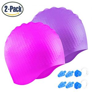 Swim Cap for Men Women  2 Pack Silicone Solid Unisex Swimming Cap for Short Hair   Long Hair  Comfortable UV Swimming Hat for Adult Men Women Youth Junior Kids with Nose Clips   Ear Plugs