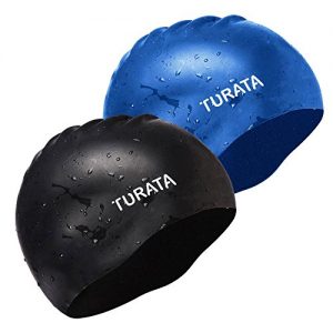 TURATA 2 Pack Swimming Cap Waterproof Unisex Premium Earmuffs Silicone No-Slip Swimming Cap for Adults Kids Woman and Men One Size Hat - Black   Blue