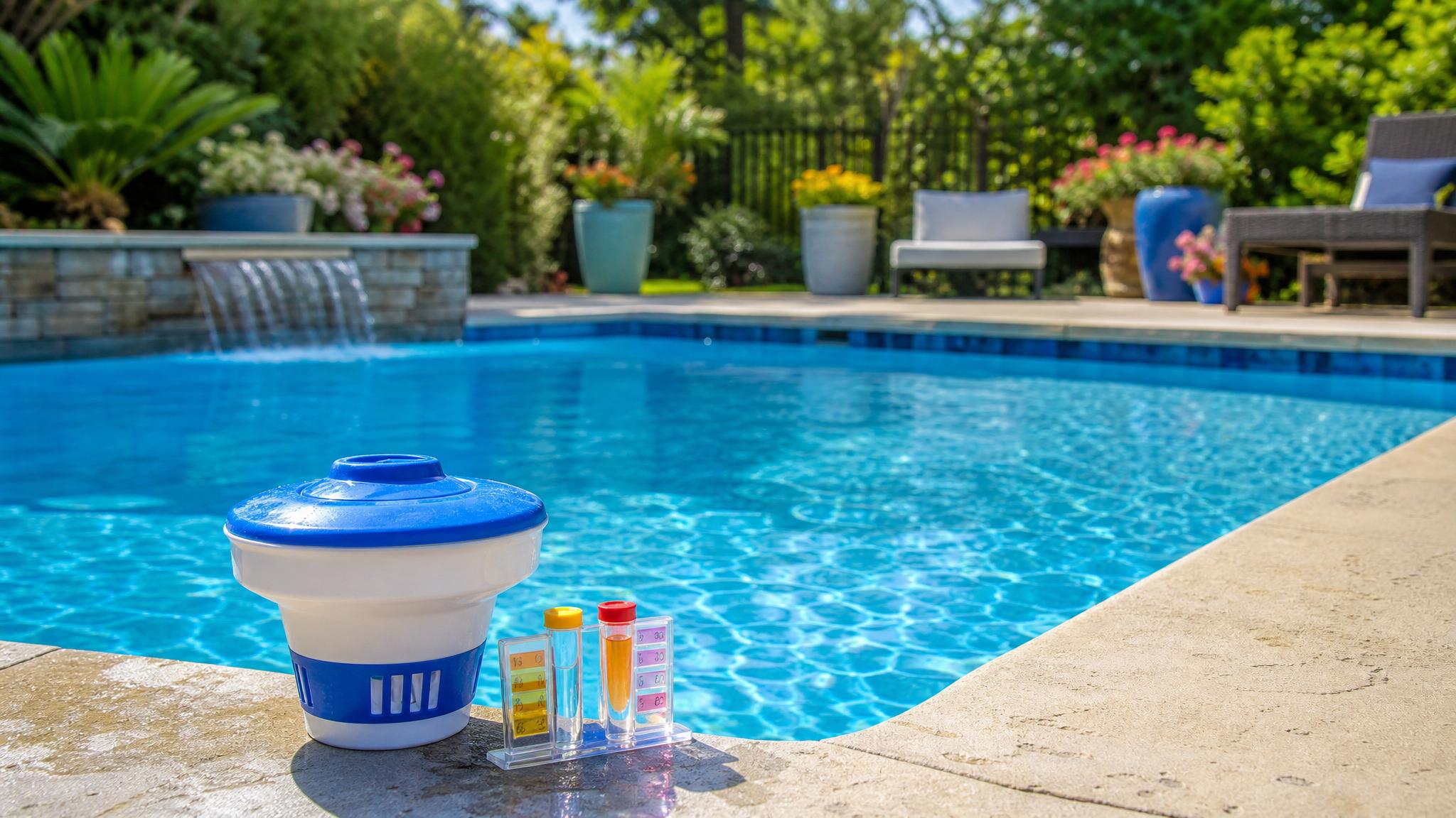Clear swimming pool with floating chlorine tablet dispenser and water test kit