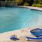 Cloudy backyard pool water with maintenance tools and test kit