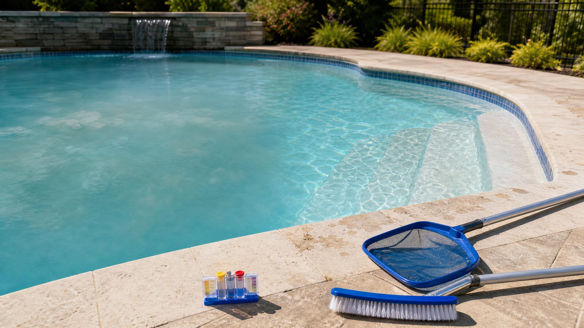 Cloudy backyard pool water with maintenance tools and test kit