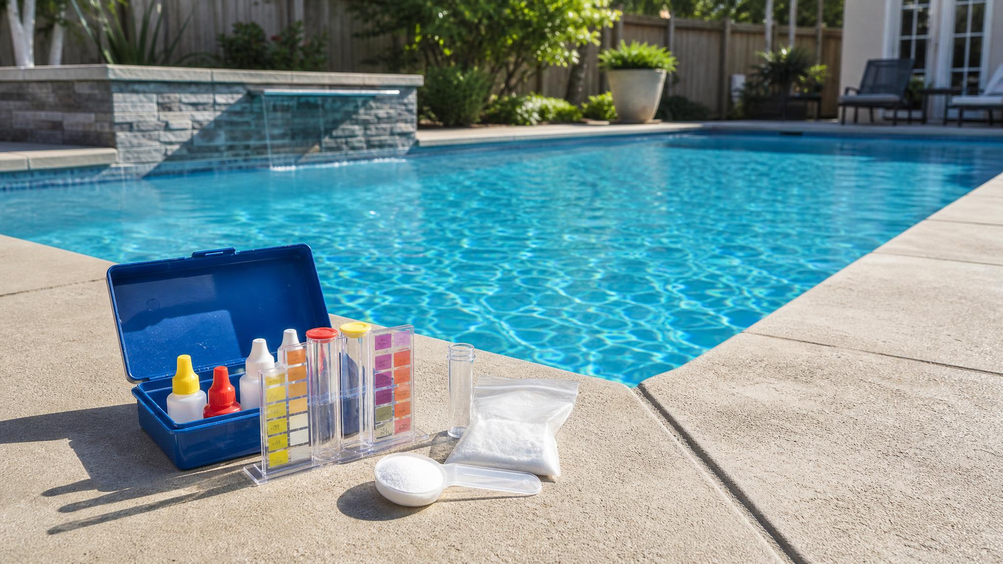 Pool water stabilizer CYA test kit beside a clear swimming pool