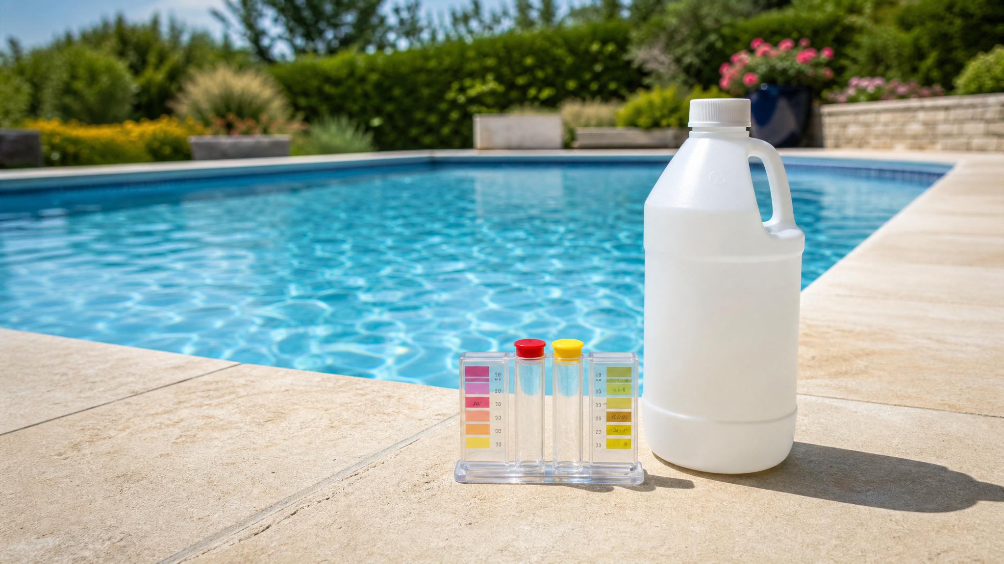 Pool water testing kit beside a clean backyard swimming pool