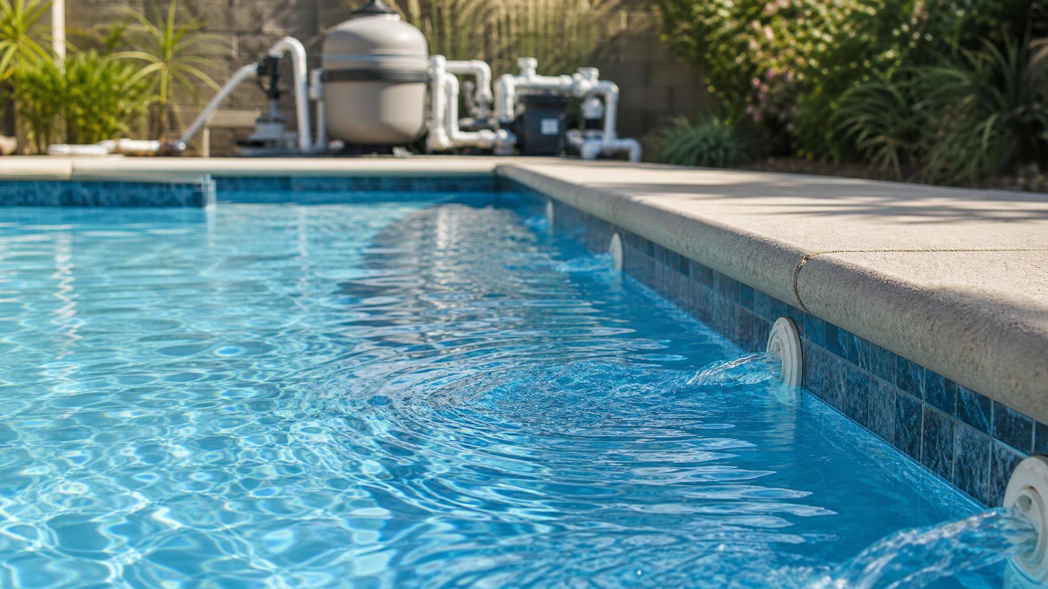 Clear pool water with return jets rippling the surface
