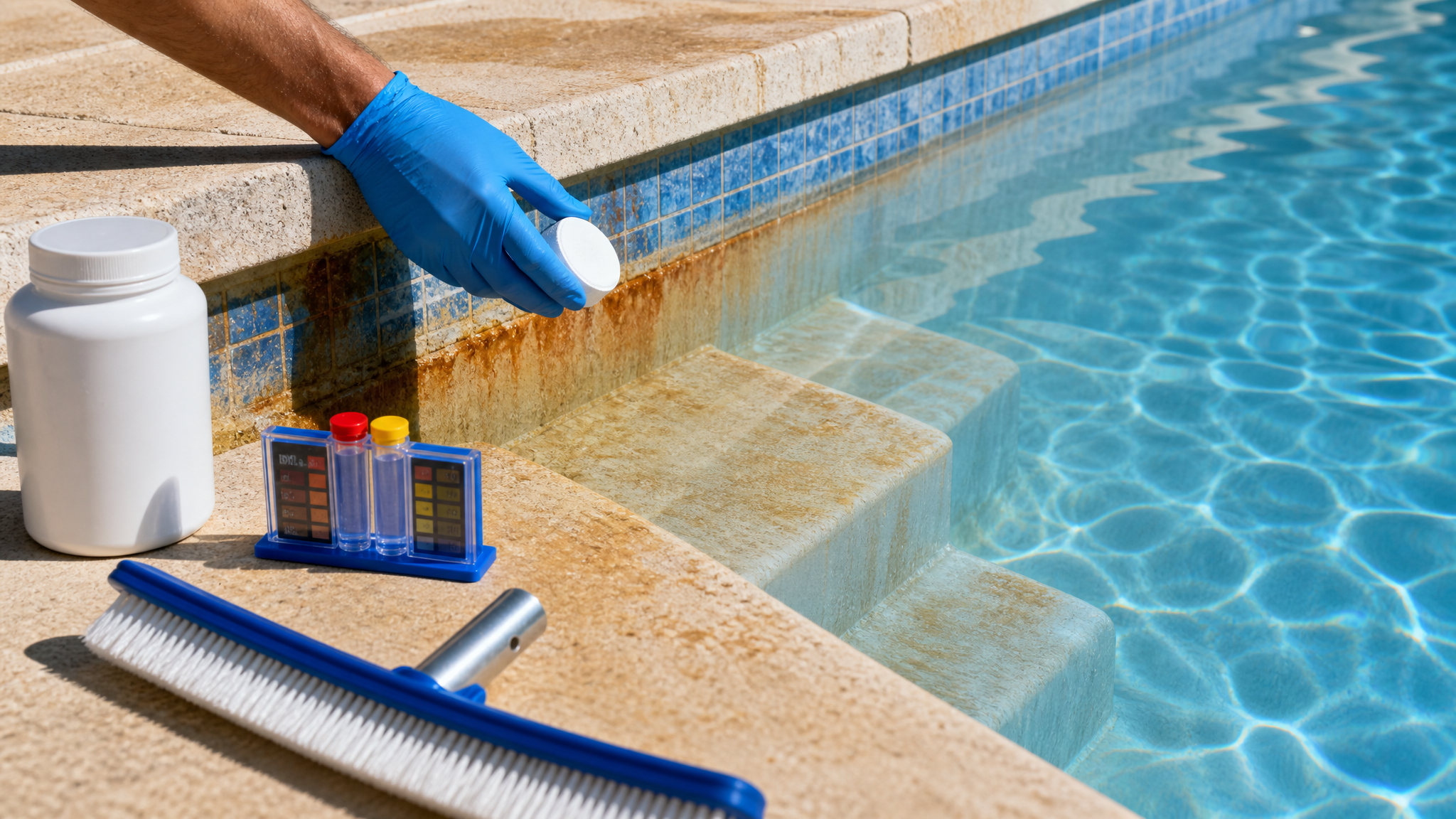 Pool surface stain being inspected near clear water