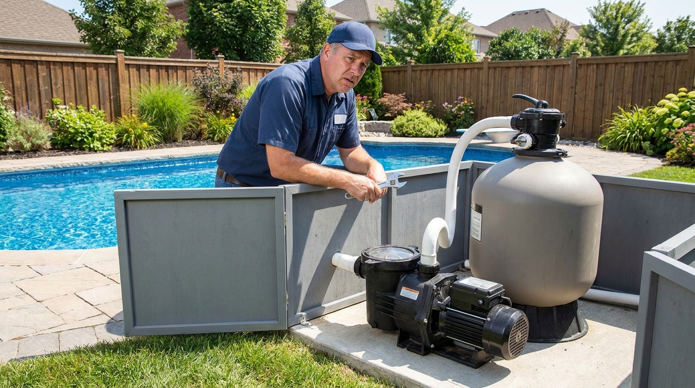 Pool pump motor at an equipment pad during troubleshooting