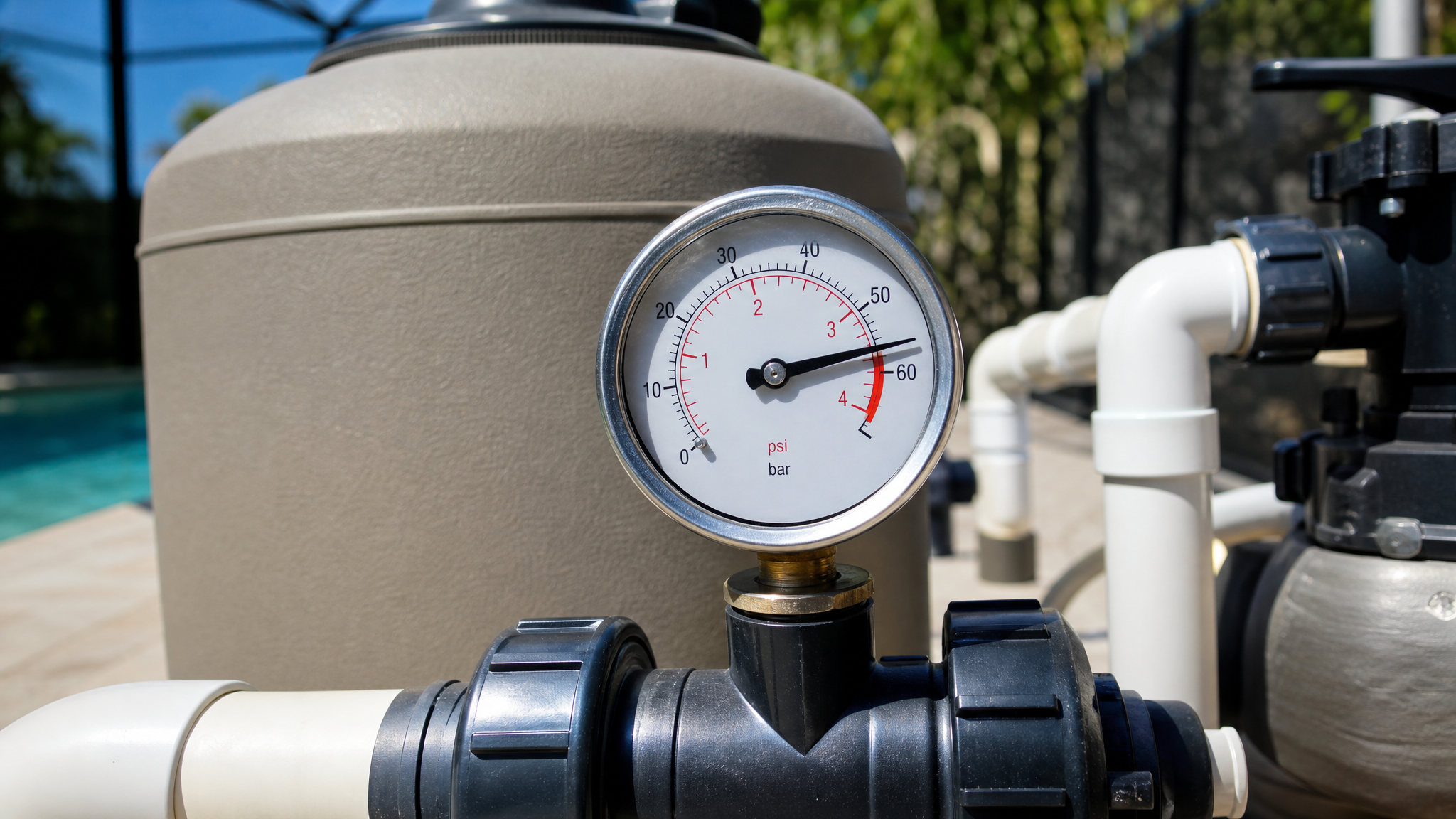 Pool filter pressure gauge showing high pressure