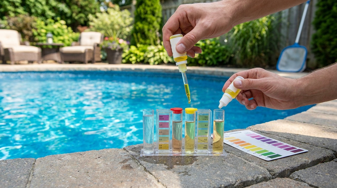 Pool water test kit showing chlorine and stabilizer readings