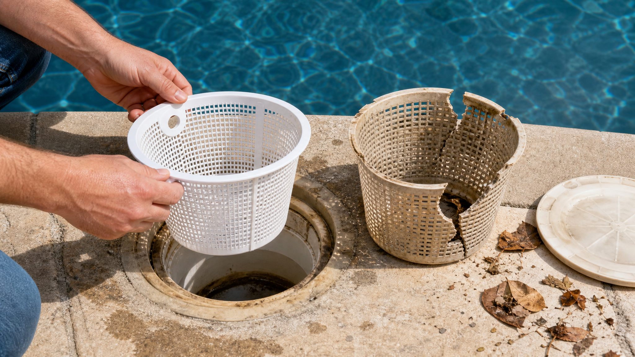 Pool skimmer basket being checked for leaves and debris