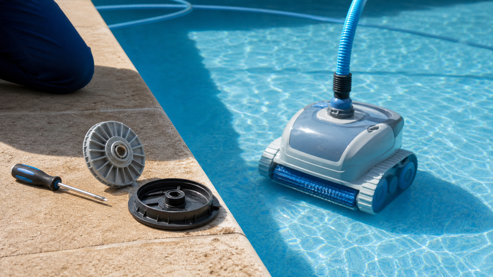 Pool vacuum sitting on a clean pool floor during troubleshooting