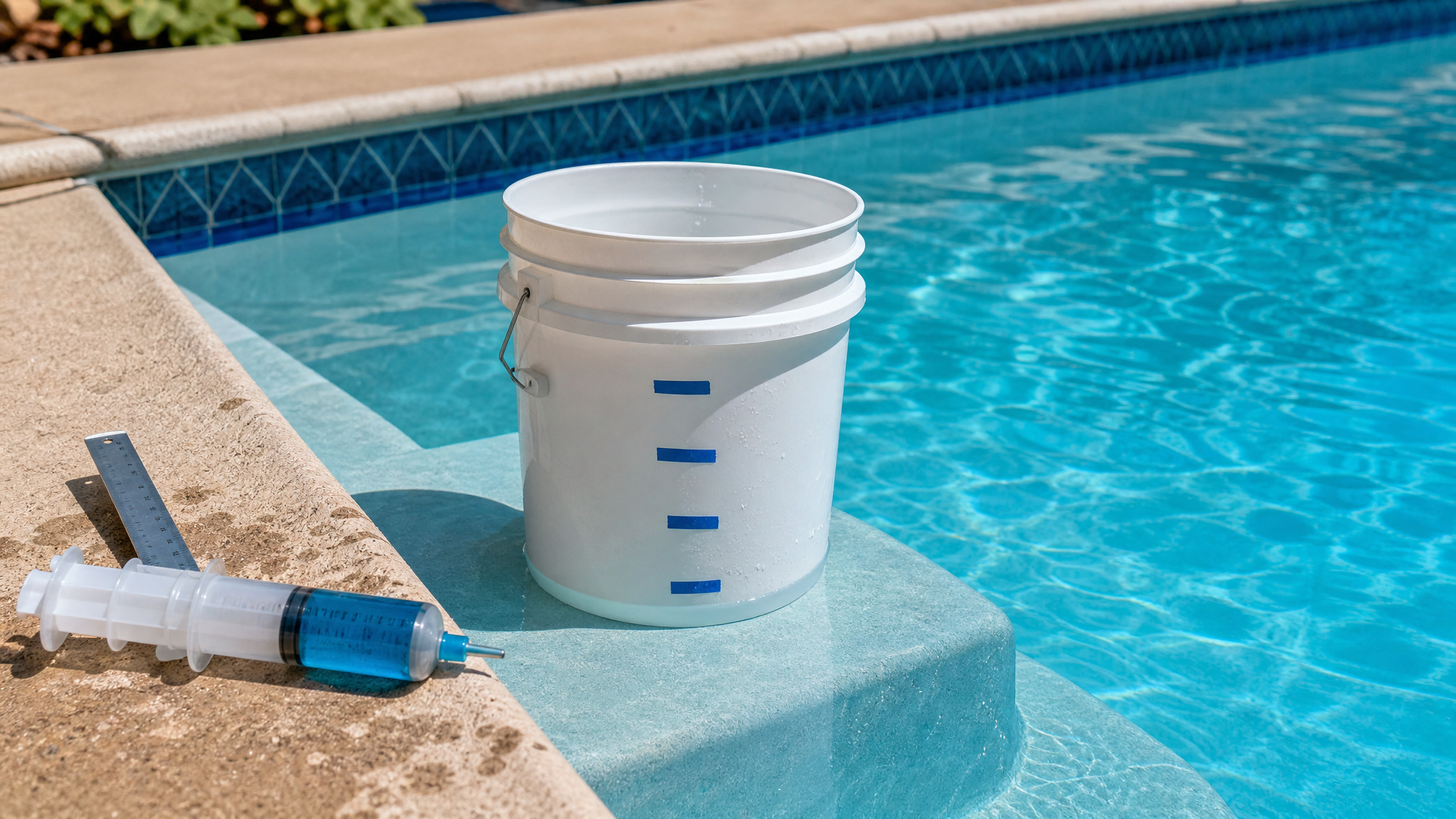 Swimming pool waterline being checked for water loss