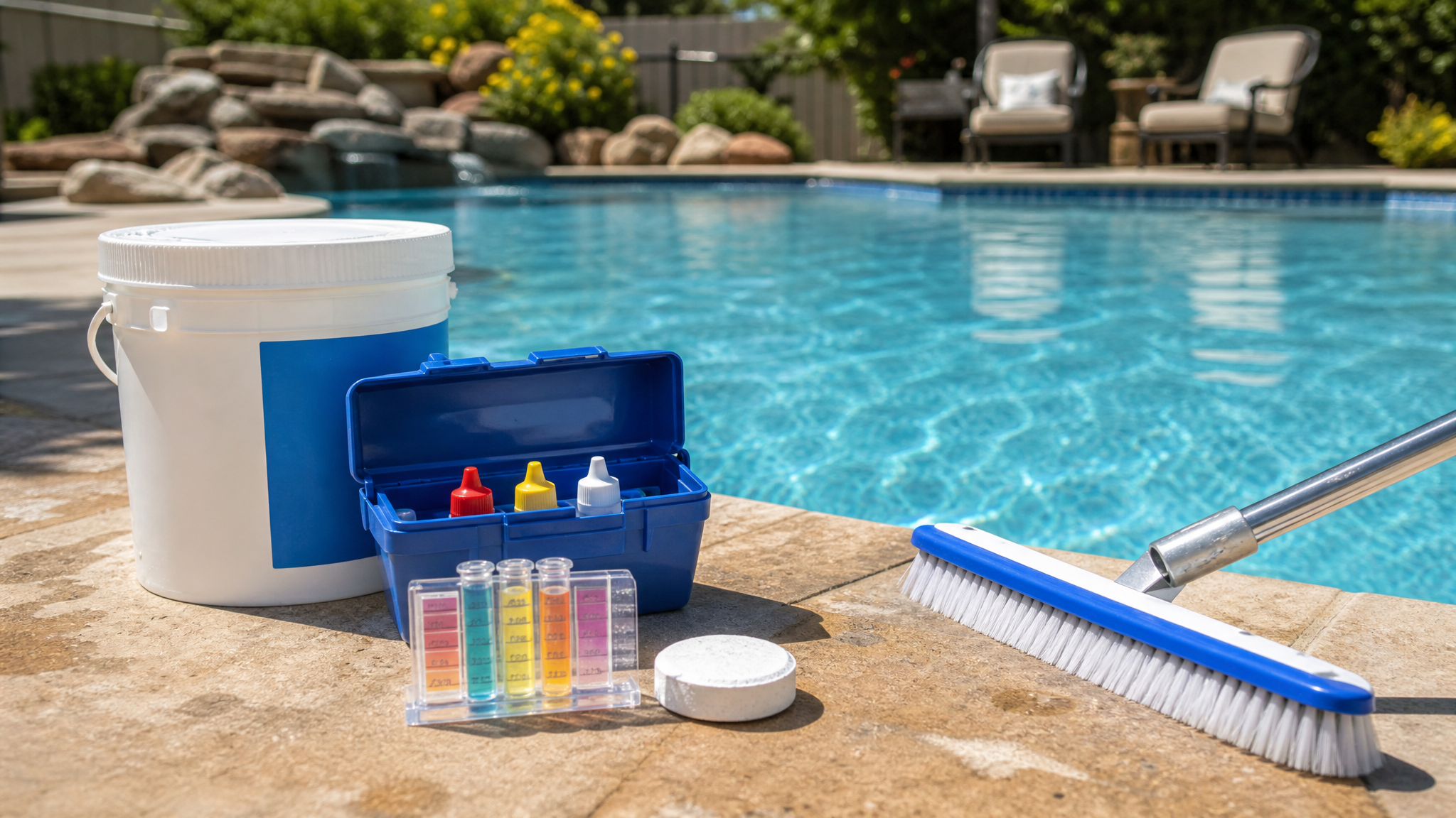 Pool water test kit near a swimming pool with odor concerns