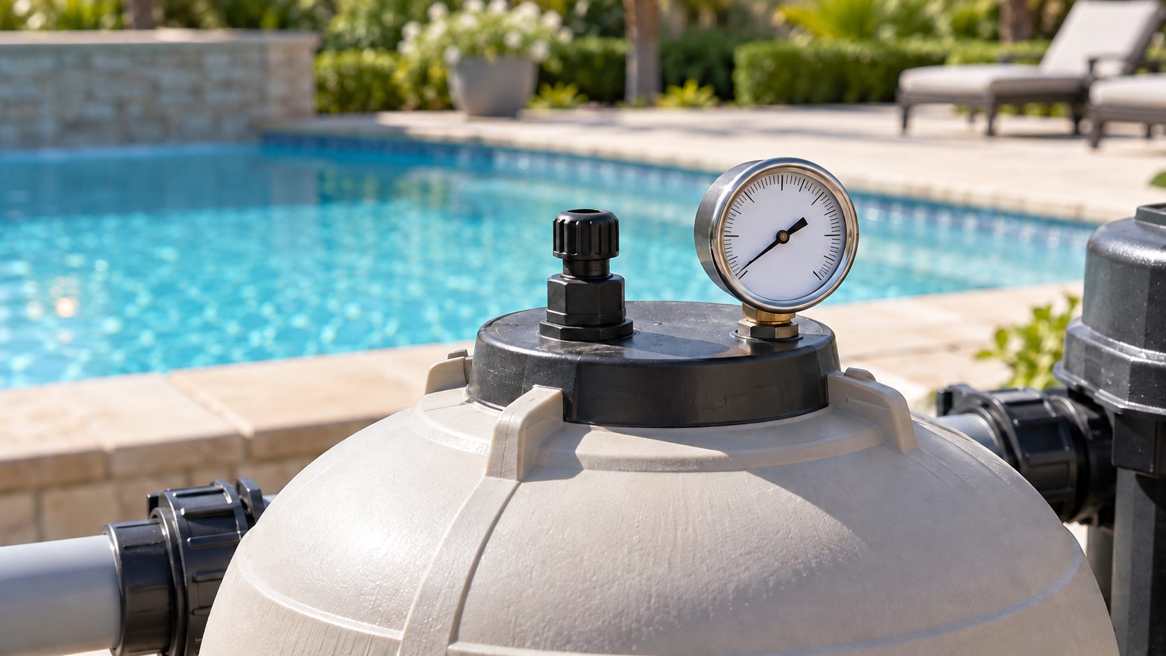 Illustrative pool filter air relief valve and pressure gauge