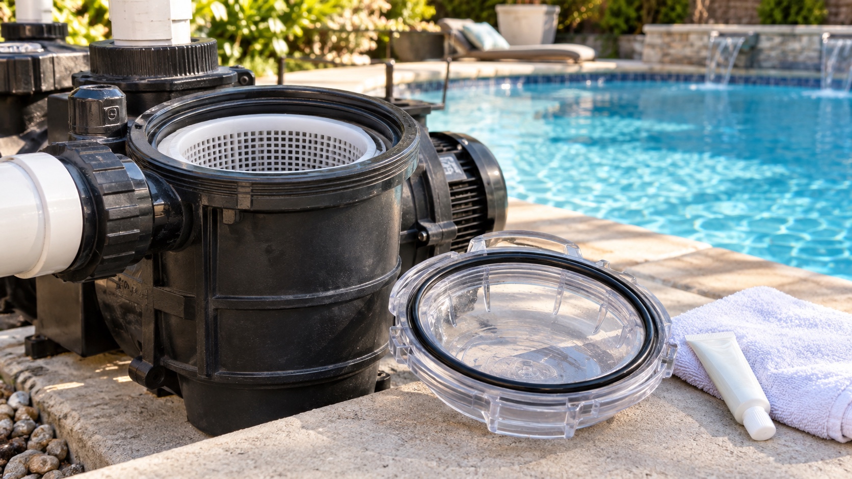 Pool pump lid O-ring, clear pump lid, strainer basket, and silicone lubricant arranged beside a clean residential pool.