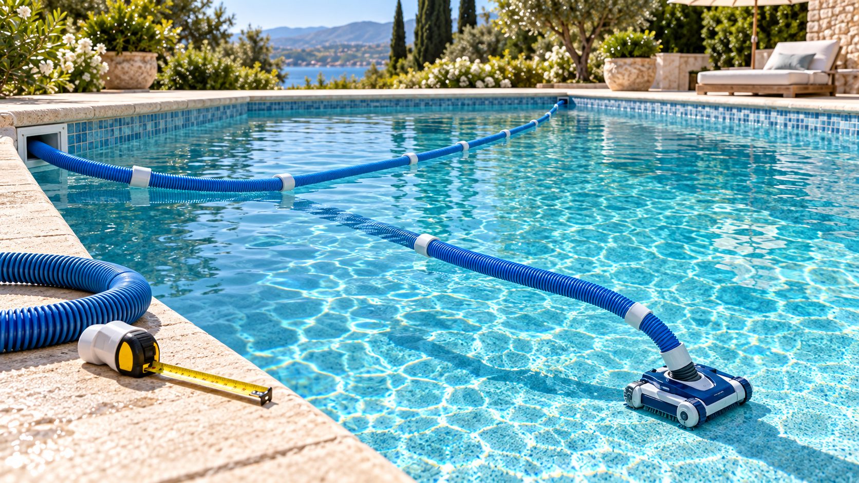 Suction pool cleaner hose stretched across a swimming pool for hose length troubleshooting