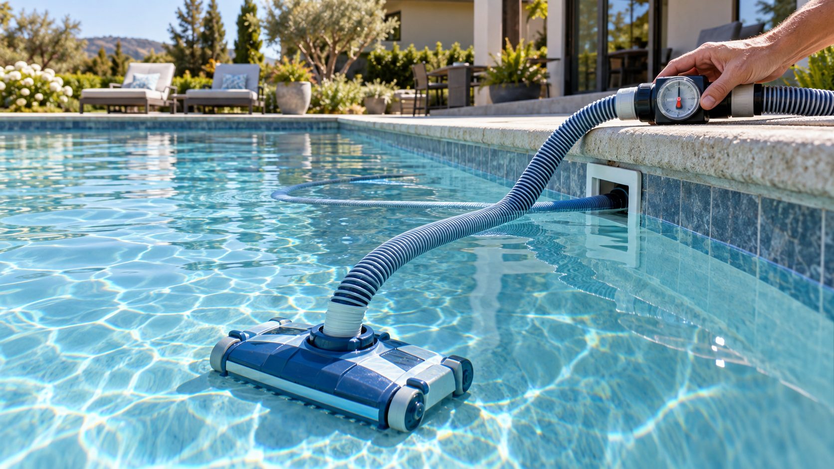 Suction pool cleaner hose and flow gauge being checked beside a clear backyard pool