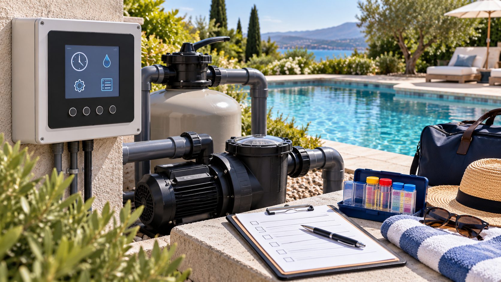 Pool automation controller, pump equipment and vacation checklist beside a clear backyard swimming pool