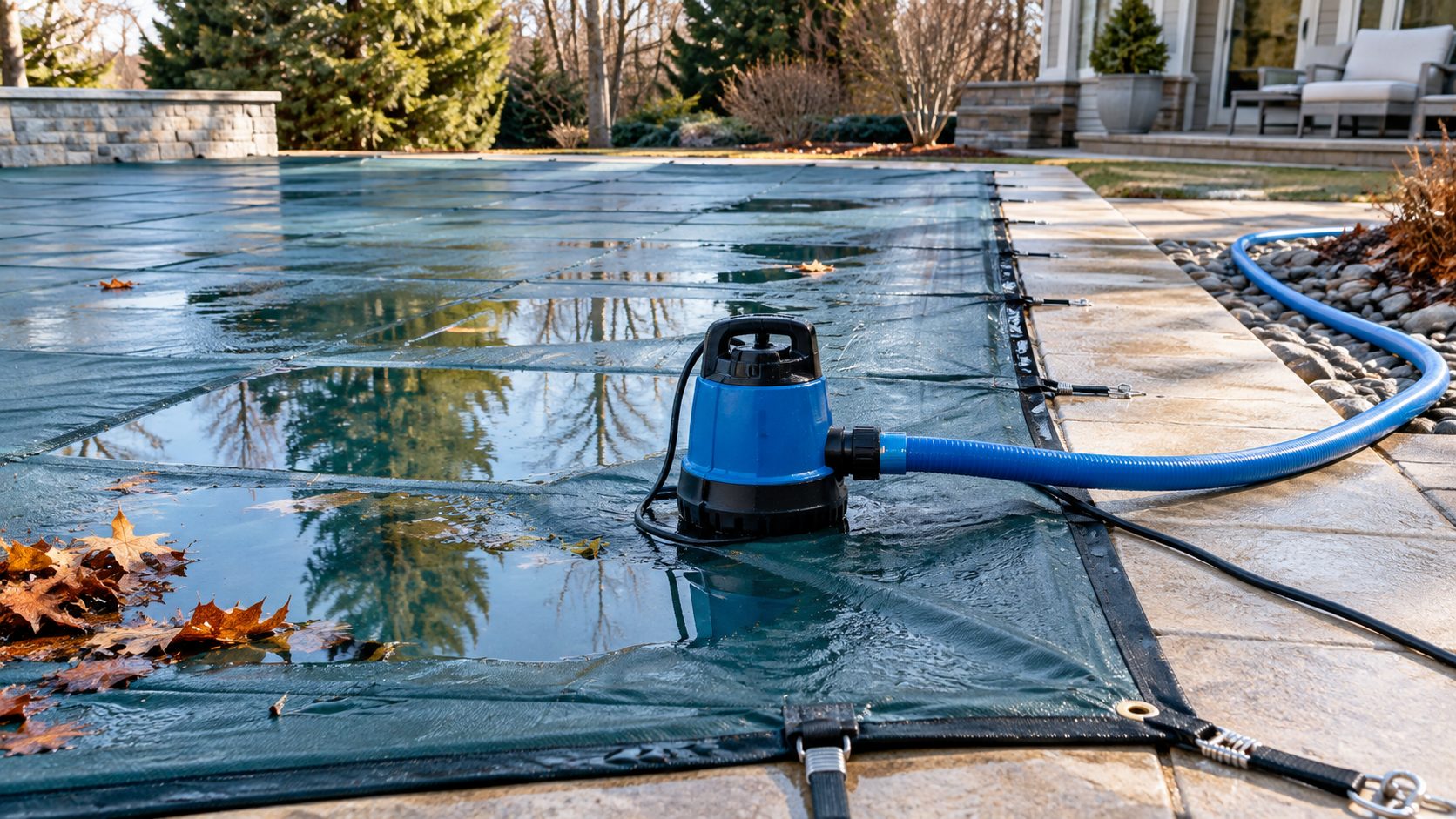Automatic pool cover pump and discharge hose set on a rain-wet swimming pool safety cover before a storm