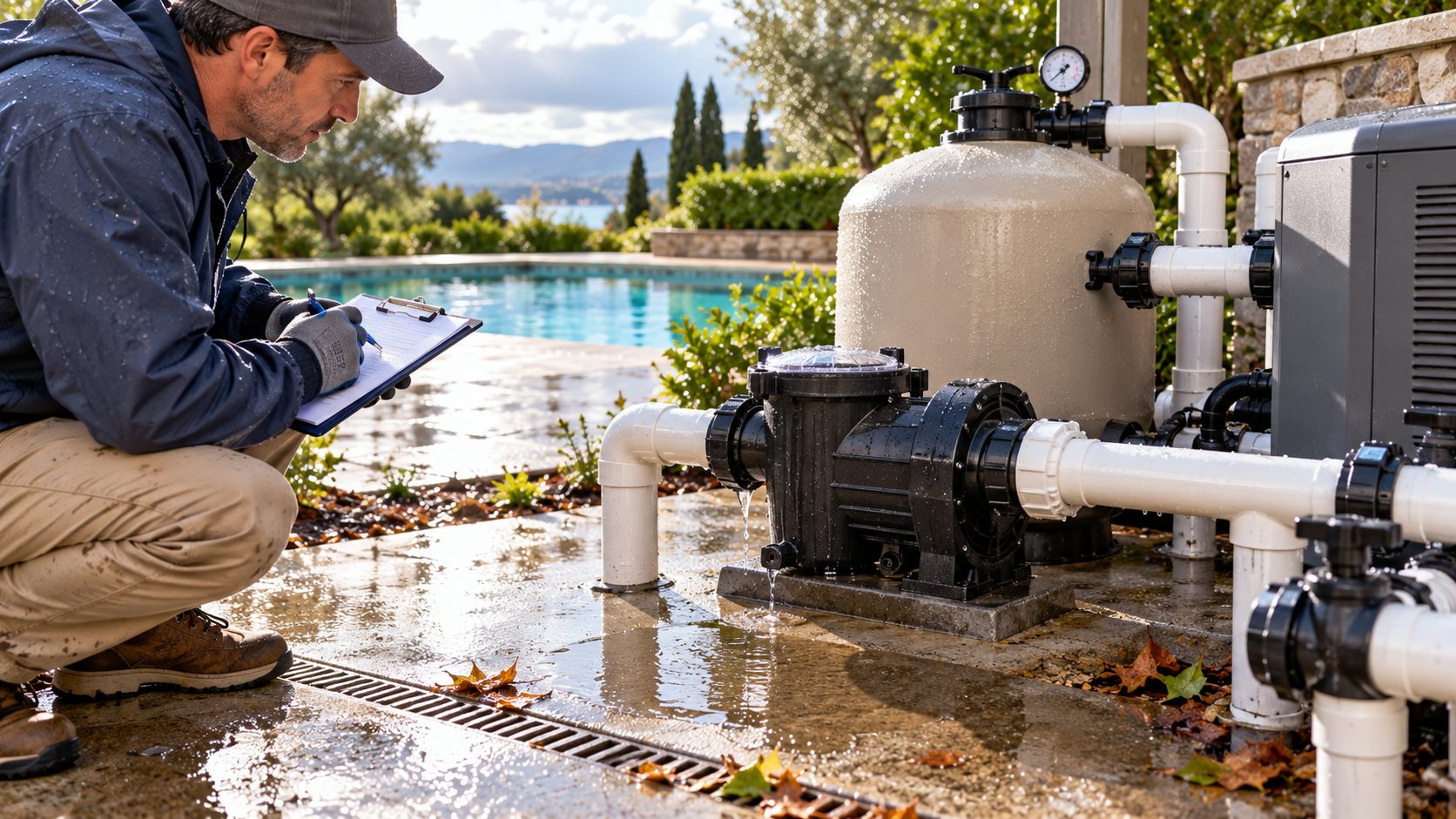 Homeowner inspecting wet pool equipment pad for leaks after heavy rain