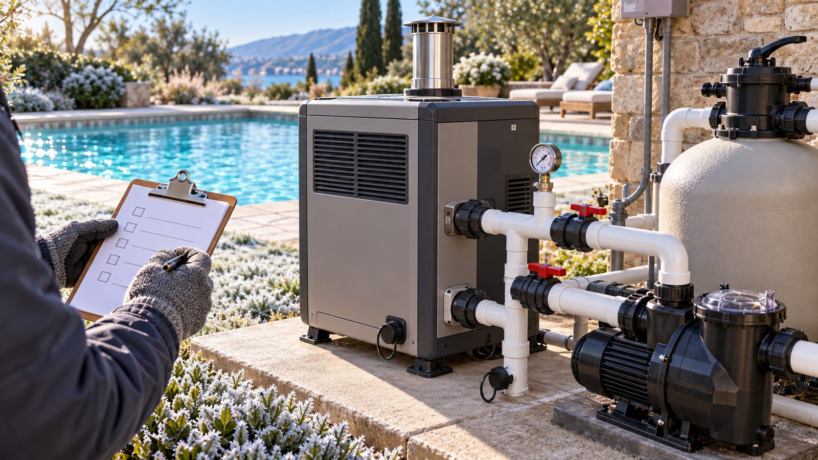 Pool heater, pump, filter and checklist at a backyard pool prepared for a freeze warning